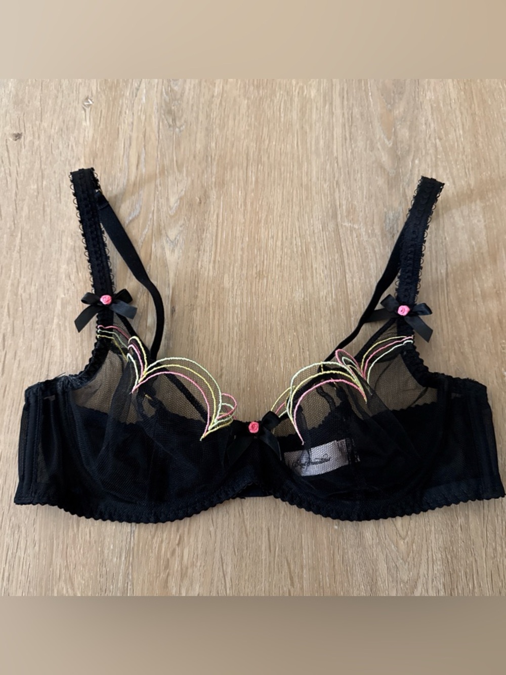 Agent Provocateur Black Sheer Lorna Bra with Neon Pink and Lime Embroidery 36C